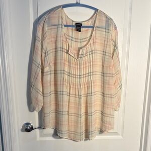 Torrid Cream Plaid Pink Gray Scoop-Neck Tunic Blouse Sheer Flowy Size 2X